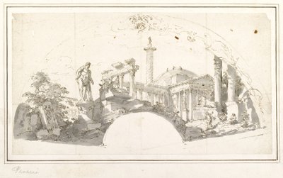 Design for a Fan - Capriccio with Roman Ruins and the Farnese Hercules by Giovanni Paolo Pannini